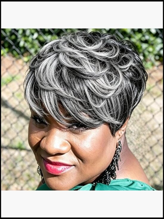 Short Salt and Pepper Pixie Cut Wig for Women Layered Synthetic Curly Wig with main image 4